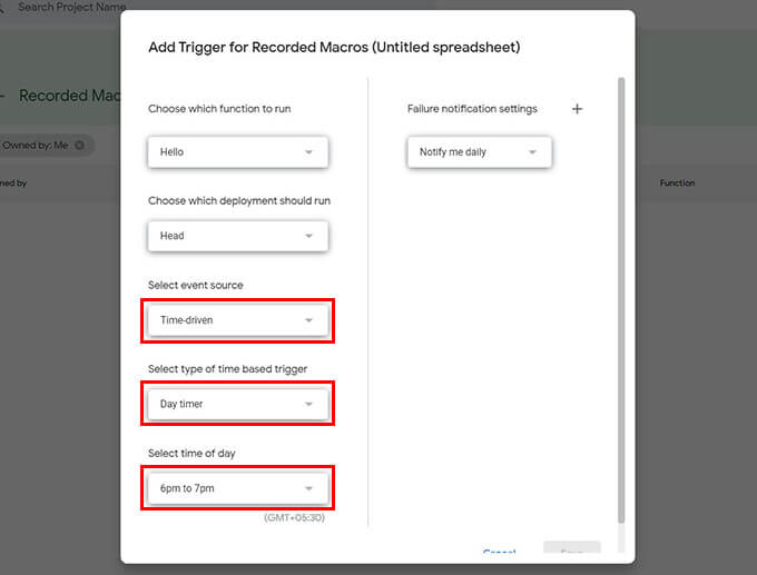 Add-Trigger-for-Recorded-Macros-Google-Sheets كيفية أتمتة المهام في Google Sheets باستخدام وحدات Macros