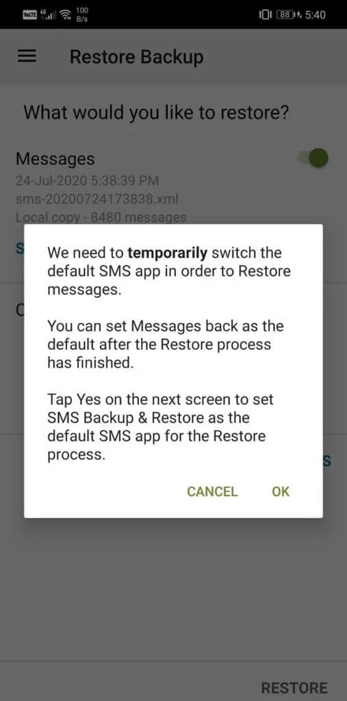 Asking-permission-to-temporarily-set-SMS-Backup-and-Restore-as-your-default-messaging-app-507x1024-1 كيفية عمل نسخة احتياطية من الرسائل النصية واستعادتها على Android