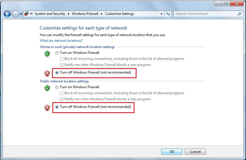 Click-on-radio-buttons-next-to-Turn-off-Windows-Defender-Firewall إصلاح عدم تنزيل تحديثات Windows 7