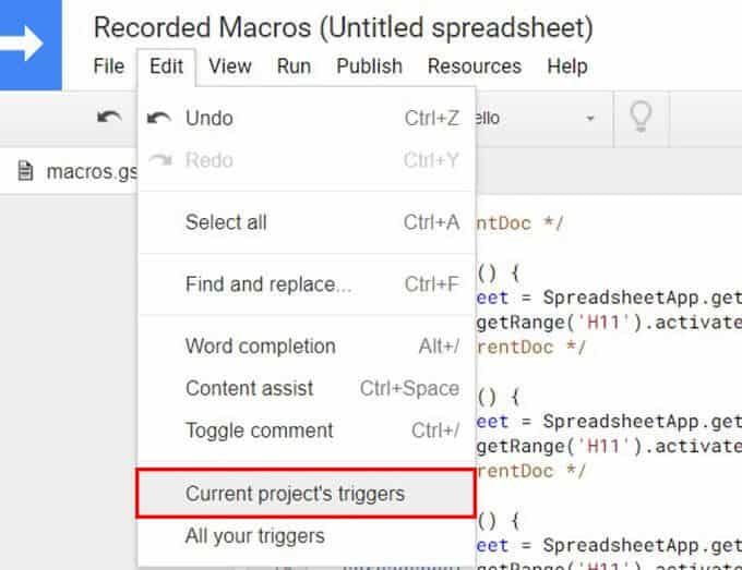 Current-Project-Triggers-in-Google-Sheets-Macro-Script-Editor كيفية أتمتة المهام في Google Sheets باستخدام وحدات Macros
