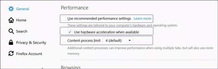 Firefox-Quantum-Adjust-Performance-Select-1_4d470f76dc99e18ad75087b1b8410ea9 كيفية إصلاح عدم عمل مقاطع فيديو Facebook بشكل صحيح على Firefox Quantum