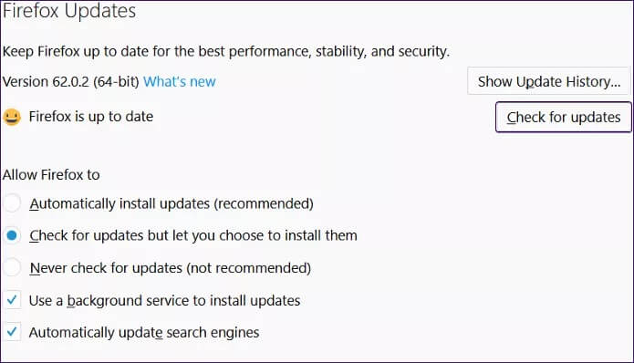 Firefox-Quantum-Check-for-Updates-1_4d470f76dc99e18ad75087b1b8410ea9 كيفية إصلاح عدم عمل مقاطع فيديو Facebook بشكل صحيح على Firefox Quantum