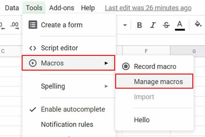 Manage-Macros-Menu-in-Google-Sheets كيفية أتمتة المهام في Google Sheets باستخدام وحدات Macros