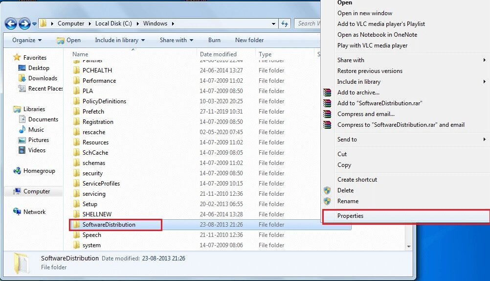 Right-click-on-SoftwareDistribution-and-select-Properties إصلاح عدم تنزيل تحديثات Windows 7