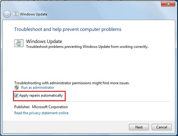 Select-Apply-repairs-automatically-and-click-on-Next إصلاح عدم تنزيل تحديثات Windows 7
