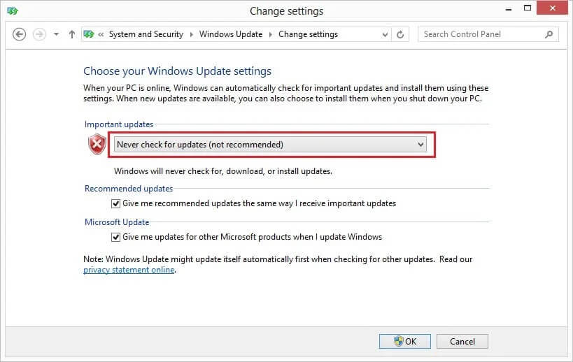 Select-Never-Check-for-Updates-not-recommended إصلاح عدم تنزيل تحديثات Windows 7
