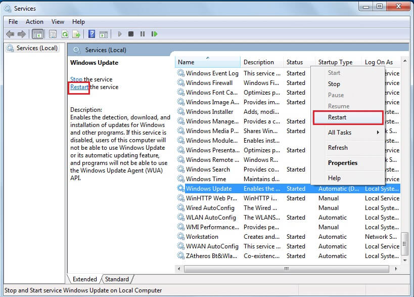 Select-Windows-Update-service-and-then-click-on-Restart-present-on-the-left إصلاح عدم تنزيل تحديثات Windows 7