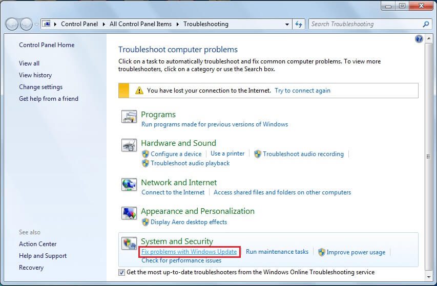 Under-System-and-Security-click-on-the-Fix-problems-with-Windows-Update إصلاح عدم تنزيل تحديثات Windows 7
