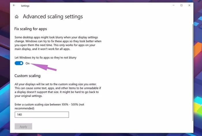 allow-windows-to-fix-issue_935adec67b324b146ff212ec4c69054f دليل كامل لإصلاح النص الضبابي في Windows 10