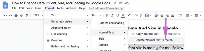 update-normal-text_935adec67b324b146ff212ec4c69054f كيفية تغيير الخط الافتراضي والحجم والتباعد في Google DocsGoogle Docs