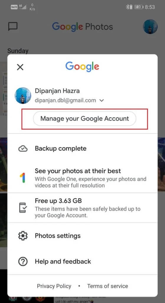 Backup-status-just-under-the-Manage-your-Google-Account-option-559x1024-1 10 طرق لإصلاح Google Photos لا تقوم بالنسخ الاحتياطي