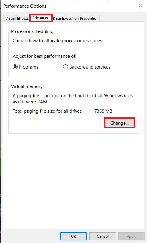 Click-on-Change…-under-the-Virtual-Memory-section-of-the-Advanced-tab كيفية تحرير مساحة ذاكرة الوصول العشوائي المنخفضة على Windows 10؟