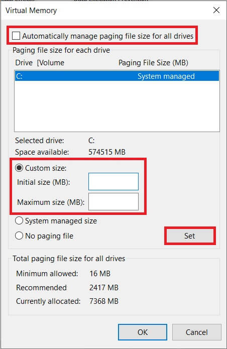 Click-on-Set-followed-by-OK-to-save-and-exit كيفية تحرير مساحة ذاكرة الوصول العشوائي المنخفضة على Windows 10؟