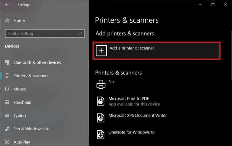 Click-on-the-Add-a-printer-scanner-button-at-the-top-of-the-window-768x484-1 إصلاح مشكلات الطابعة الشائعة في نظام التشغيل Windows 10