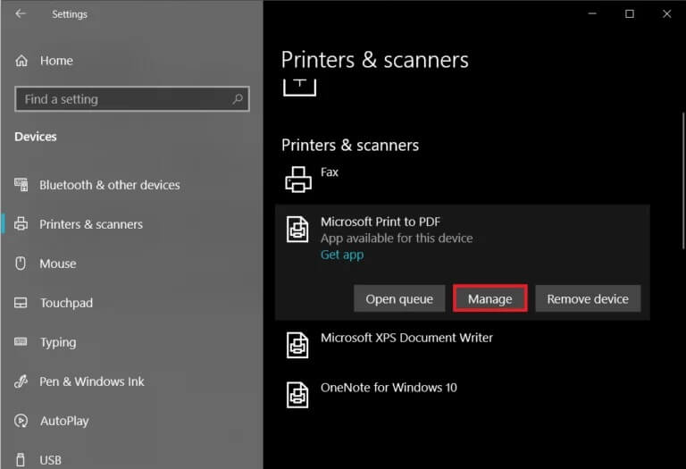 Click-on-the-Manage-button-768x525-1 إصلاح مشكلات الطابعة الشائعة في نظام التشغيل Windows 10