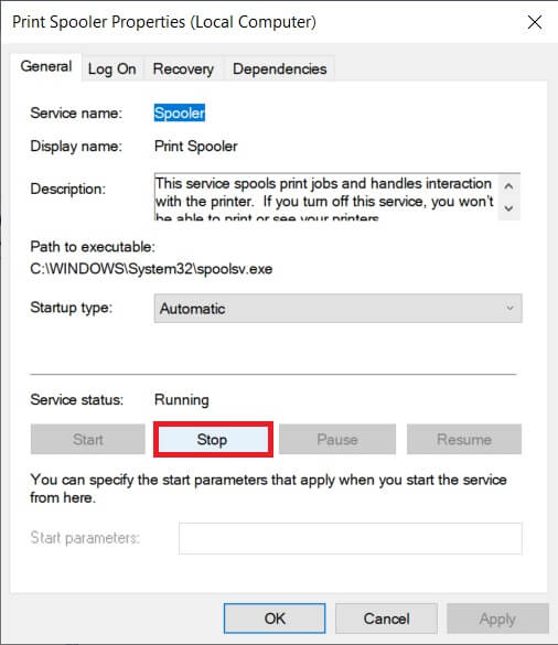 Click-on-the-Stop-button-to-halt-the-service إصلاح مشكلات الطابعة الشائعة في نظام التشغيل Windows 10