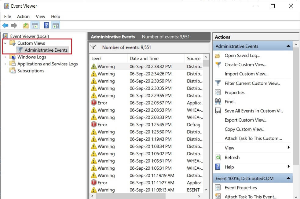 Click-on-the-arrow-next-to-Custom-Views-and-then-double-click-on-Administrative-Events إصلاح خطأ شاشة الموت الحمراء (RSOD) على نظام التشغيل Windows 10