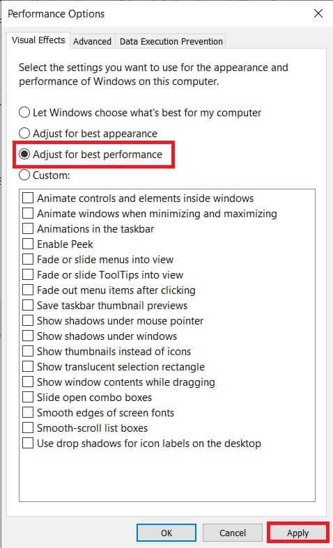 Click-on-the-radio-button-next-to-‘Adjust-for-best-performance-and-then-click-on-Apply كيفية تحرير مساحة ذاكرة الوصول العشوائي المنخفضة على Windows 10؟