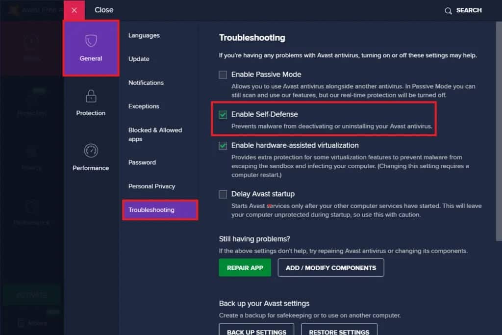 Disable-Self-Defense-by-unticking-the-box-next-to-‘Enable-Self-Defense-1024x683-1 5 طرق لإلغاء تثبيت Avast Antivirus تمامًا في Windows 10