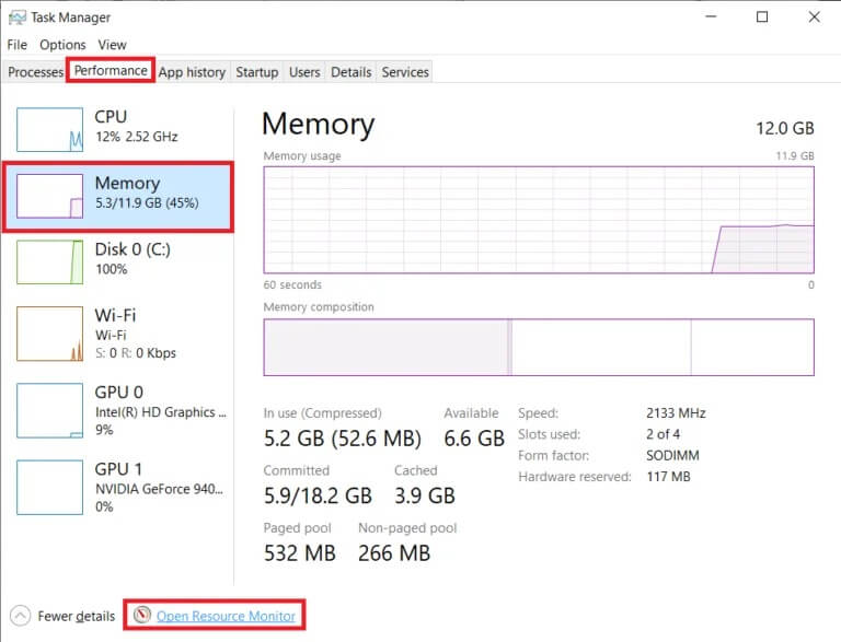 In-the-Performance-tab-select-Memory-from-the-left-side-and-click-on-Open-Resource-Monitor-768x587-1 كيفية تحرير مساحة ذاكرة الوصول العشوائي المنخفضة على Windows 10؟