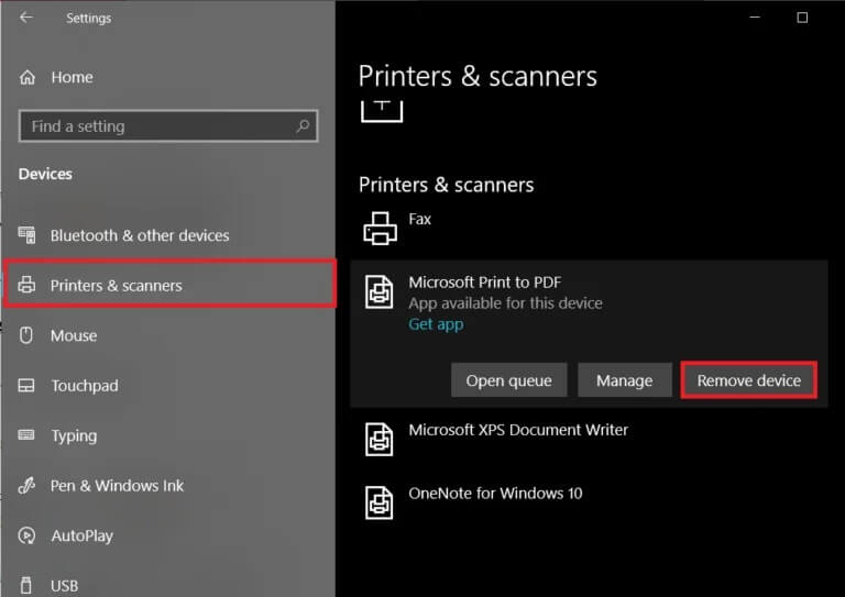Move-to-the-Printers-Scanners-settings-and-Select-Remove-Device-768x543-1 إصلاح مشكلات الطابعة الشائعة في نظام التشغيل Windows 10