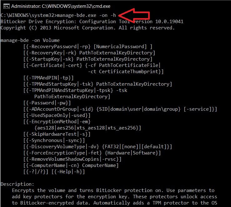 Obtain-further-information-regarding-the-on-a-parameter-by-executing-the-command كيفية تمكين وإعداد تشفير BitLocker على نظام التشغيل Windows 10