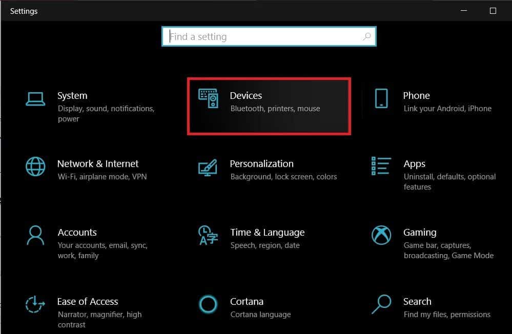 Open-the-Settings-application-and-select-Devices إصلاح مشكلات الطابعة الشائعة في نظام التشغيل Windows 10