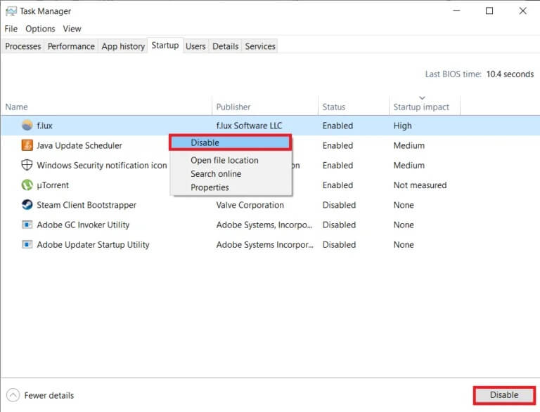 Right-click-on-an-application-and-select-Disable-768x587-1 كيفية تحرير مساحة ذاكرة الوصول العشوائي المنخفضة على Windows 10؟