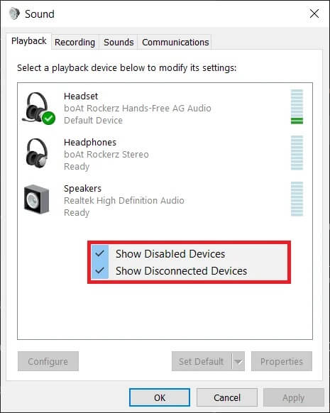 Right-click-on-any-empty-area-and-enable-Show-Disabled-Show-Disconnected-Devices إليك طرق لإصلاح لا يمكن سماع الناس على Discord