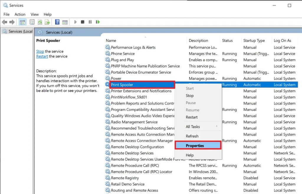 Right-click-on-the-Print-Spooler-service-and-select-Properties-1024x657-1 إصلاح مشكلات الطابعة الشائعة في نظام التشغيل Windows 10