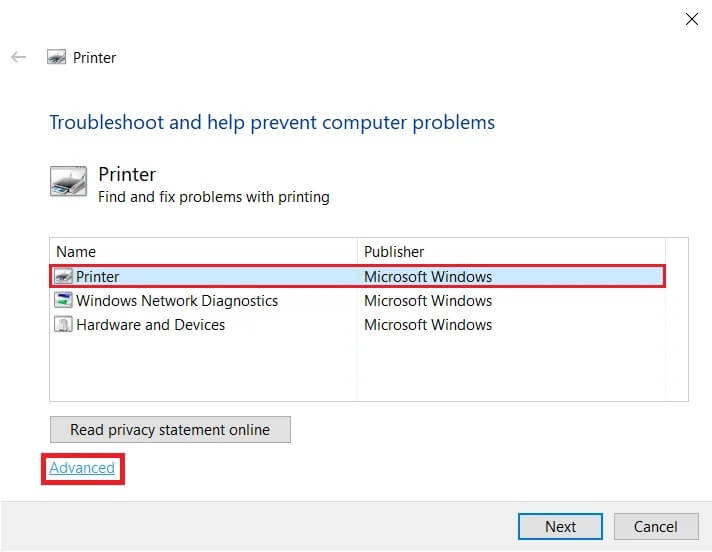 Select-Printer-and-click-on-the-Advanced-hyperlink-at-the-bottom-left إصلاح مشكلات الطابعة الشائعة في نظام التشغيل Windows 10