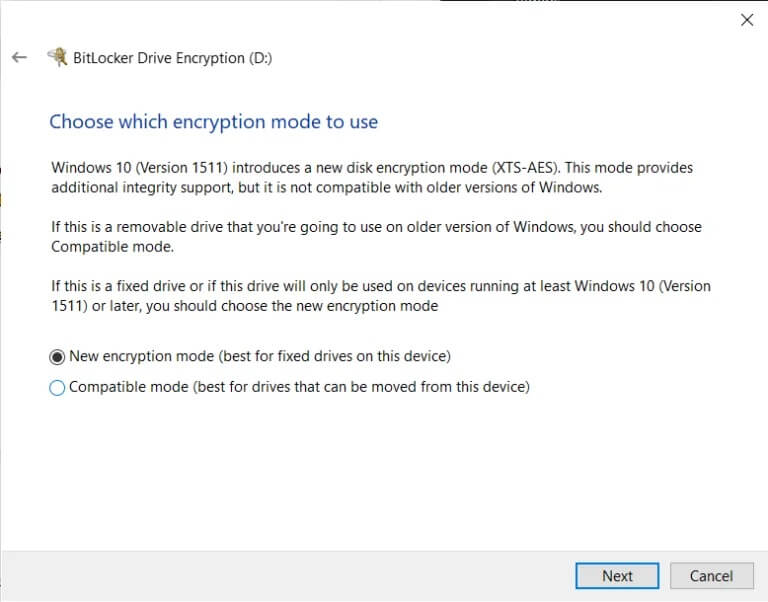 Select-the-New-encryption-mode-768x602-1 كيفية تمكين وإعداد تشفير BitLocker على نظام التشغيل Windows 10