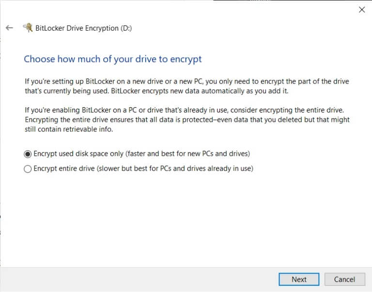 Select-your-preferred-encryption-option-and-click-on-Next-768x602-1 كيفية تمكين وإعداد تشفير BitLocker على نظام التشغيل Windows 10