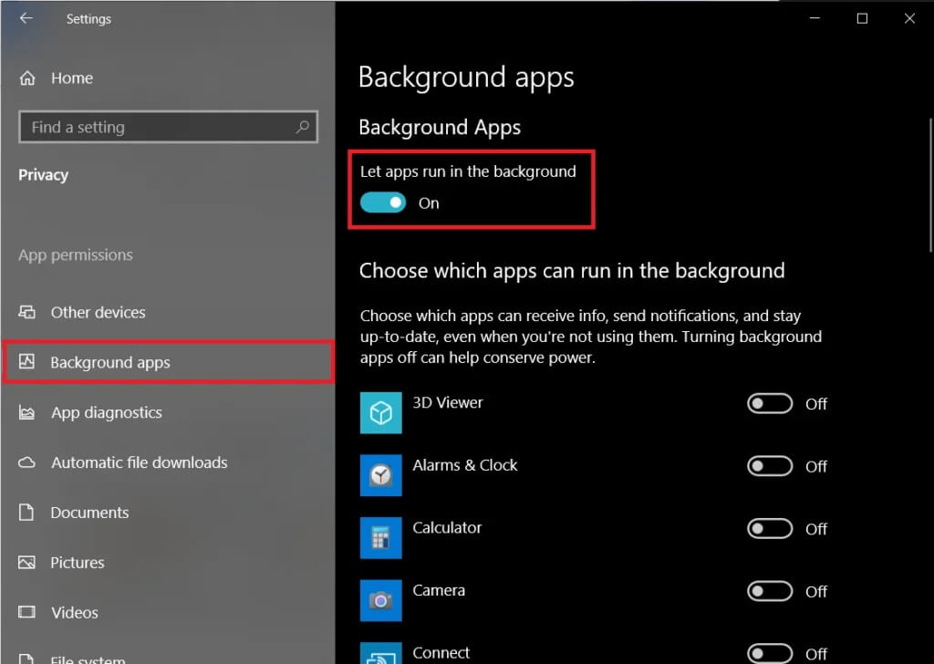 Shift-the-toggle-switch-under-‘Let-apps-run-in-the-background-to-off-1024x728-1 كيفية تحرير مساحة ذاكرة الوصول العشوائي المنخفضة على Windows 10؟
