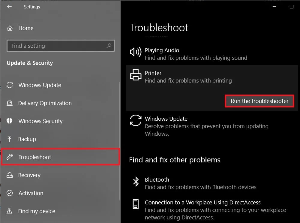 Switch-to-the-Troubleshoot-settings-and-then-select-Run-the-troubleshooter إصلاح مشكلات الطابعة الشائعة في نظام التشغيل Windows 10