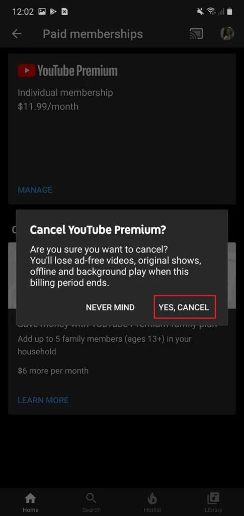 Tap-on-Yes-cancel-option-485x1024-1 طريقتان لإلغاء اشتراك YouTube Premium