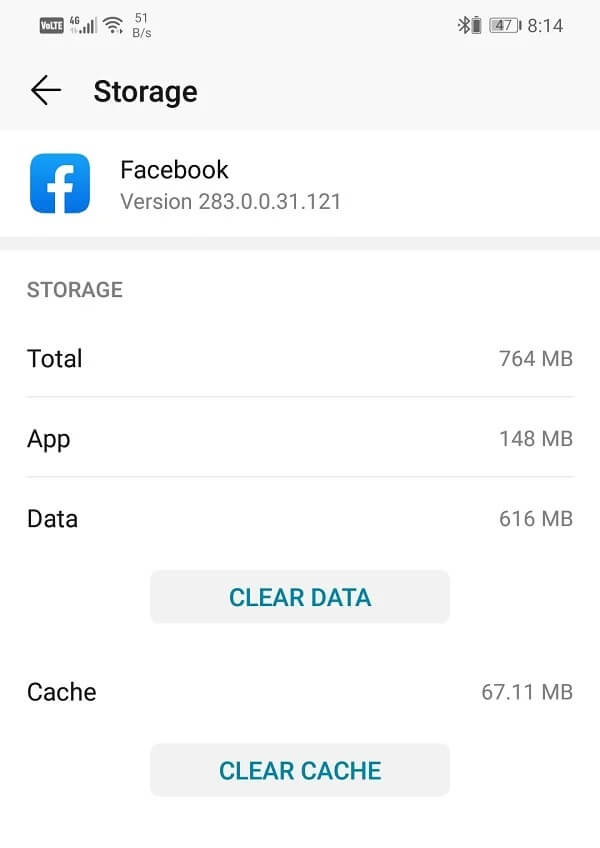 Tap-on-the-clear-data-and-clear-cache-respective-buttons إصلاح صفحة Facebook الرئيسية لا يتم تحميلها بشكل صحيح