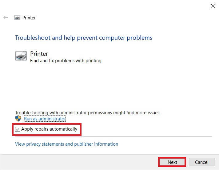 Tick-the-box-next-to-Apply-repairs-automatically-and-click-on-the-Next-button إصلاح مشكلات الطابعة الشائعة في نظام التشغيل Windows 10