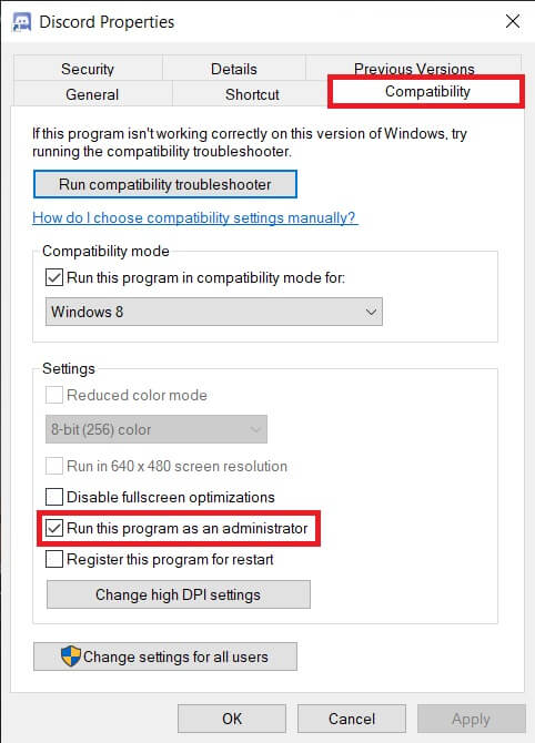 Tickcheck-the-box-next-to-Run-this-program-as-an-administrator-and-click-on-Apply Discord لا يفتح؟ 7 طرق لإصلاح مشكلة ديسكورد ويب Discord لا يفتح