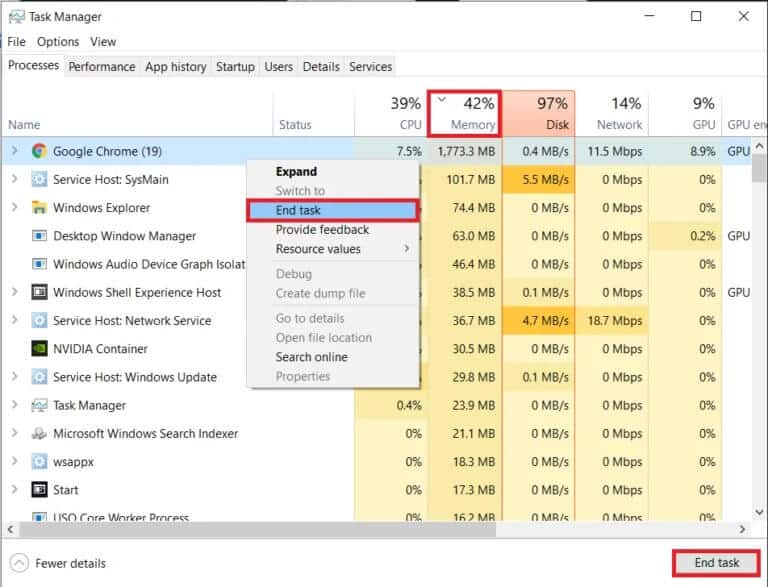 To-end-a-process-right-click-on-it-and-select-End-Task-768x587-1 كيفية تحرير مساحة ذاكرة الوصول العشوائي المنخفضة على Windows 10؟