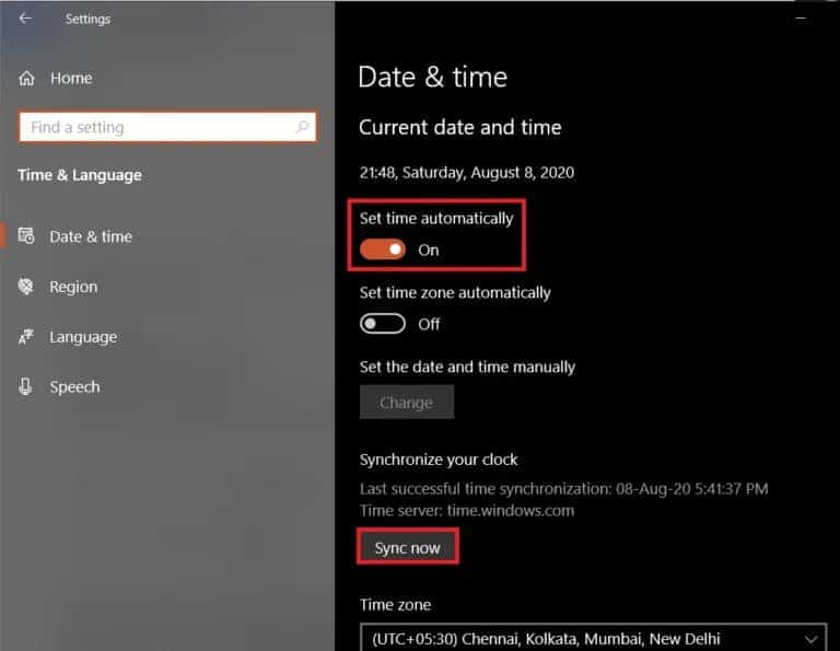 Toggle-the-On-Set-time-automatically-option.-Click-on-Sync-Now-768x595-1 Discord لا يفتح؟ 7 طرق لإصلاح مشكلة ديسكورد ويب Discord لا يفتح