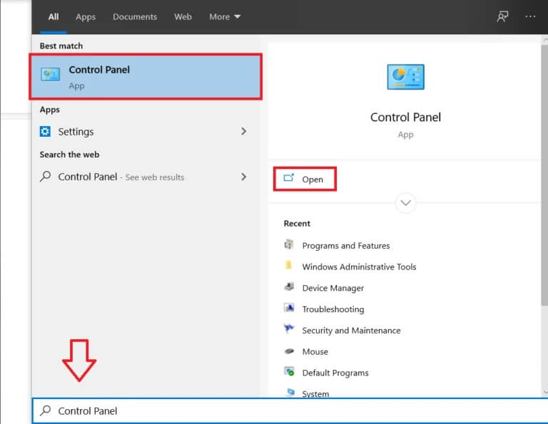 Type-Control-Panel-in-the-search-bar-and-press-enter-768x595-1 إصلاح مشكلات الطابعة الشائعة في نظام التشغيل Windows 10
