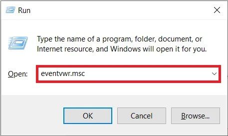 Type-Eventvwr.msc-in-Run-Command-box-and-click-on-OK-to-launch-Event-Viewer إصلاح خطأ شاشة الموت الحمراء (RSOD) على نظام التشغيل Windows 10
