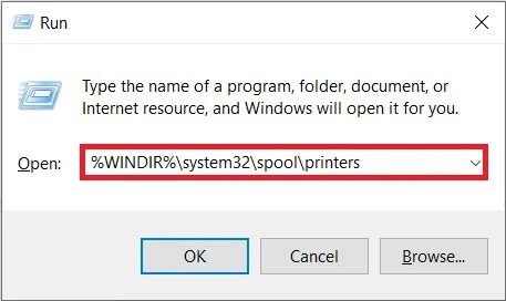 Type-WINDIRsystem32spoolprinters-in-command-box-and-press-OK-1 إصلاح مشكلات الطابعة الشائعة في نظام التشغيل Windows 10