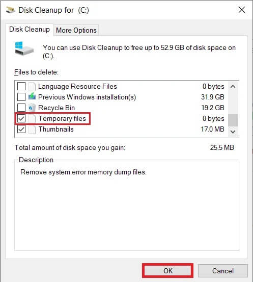 Under-Files-to-delete-check-the-box-next-to-Temporary-files-and-Click-on-OK كيفية تحرير مساحة ذاكرة الوصول العشوائي المنخفضة على Windows 10؟