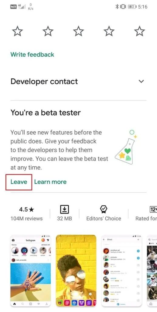 Under-the-Youre-a-beta-tester-section-you-will-find-the-Leave-option-1-517x1024-1 9 طرق لإصلاح عدم عمل Instagram على شبكة Wi-Fi