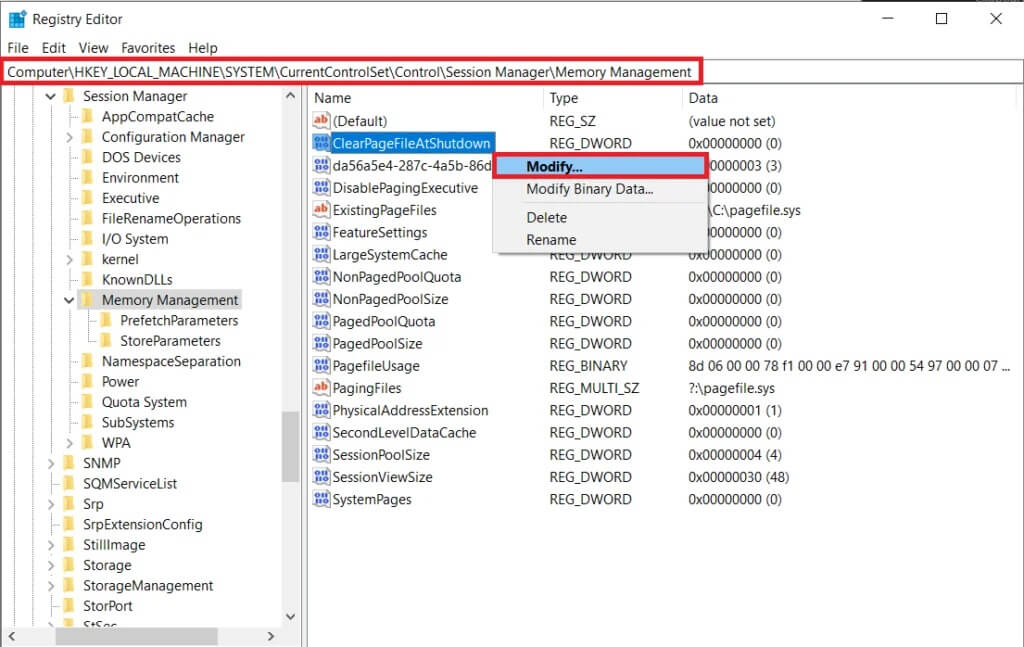 ight-click-on-ClearPageFileAtShutdown-and-select-Modify-1024x647-1 كيفية تحرير مساحة ذاكرة الوصول العشوائي المنخفضة على Windows 10؟