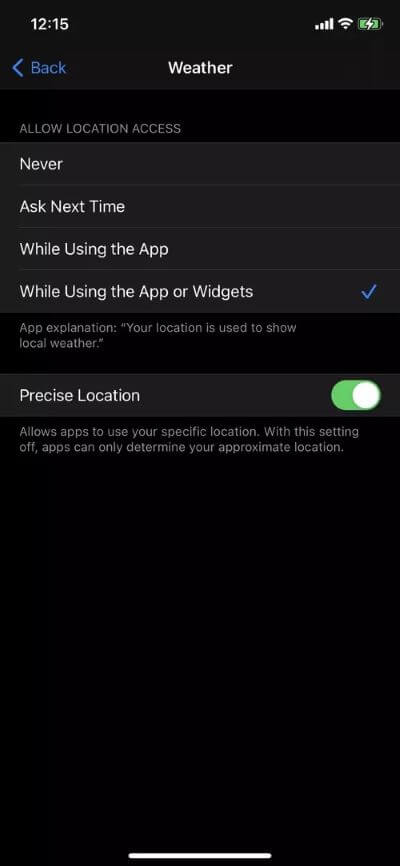 precise-location_2020-10-25-070055_40dd5eab97016030a3870d712fd9ef0f أفضل 5 طرق لإصلاح الموقع الخاطئ في ويدجت الطقس على iOS