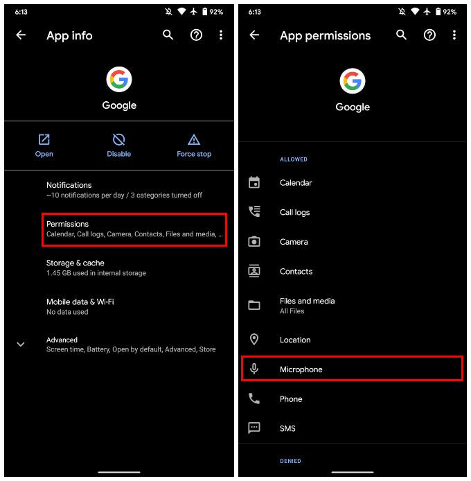 Google-App-permissions كيفية تعطيل OK Google والاستماع دائمًا على Android