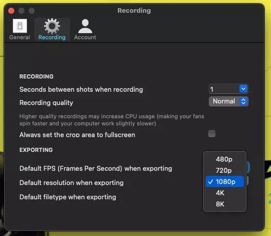 Resolution-option-Hustl-app_4d470f76dc99e18ad75087b1b8410ea9 كيفية تسجيل فيديو بفاصل زمني لشاشة Mac